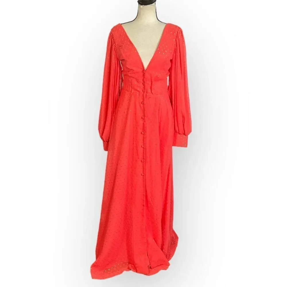 Kimberly Goldson Lesli Clip Dot Long Sleeve Maxi Dress Women's XS Coral NWOT